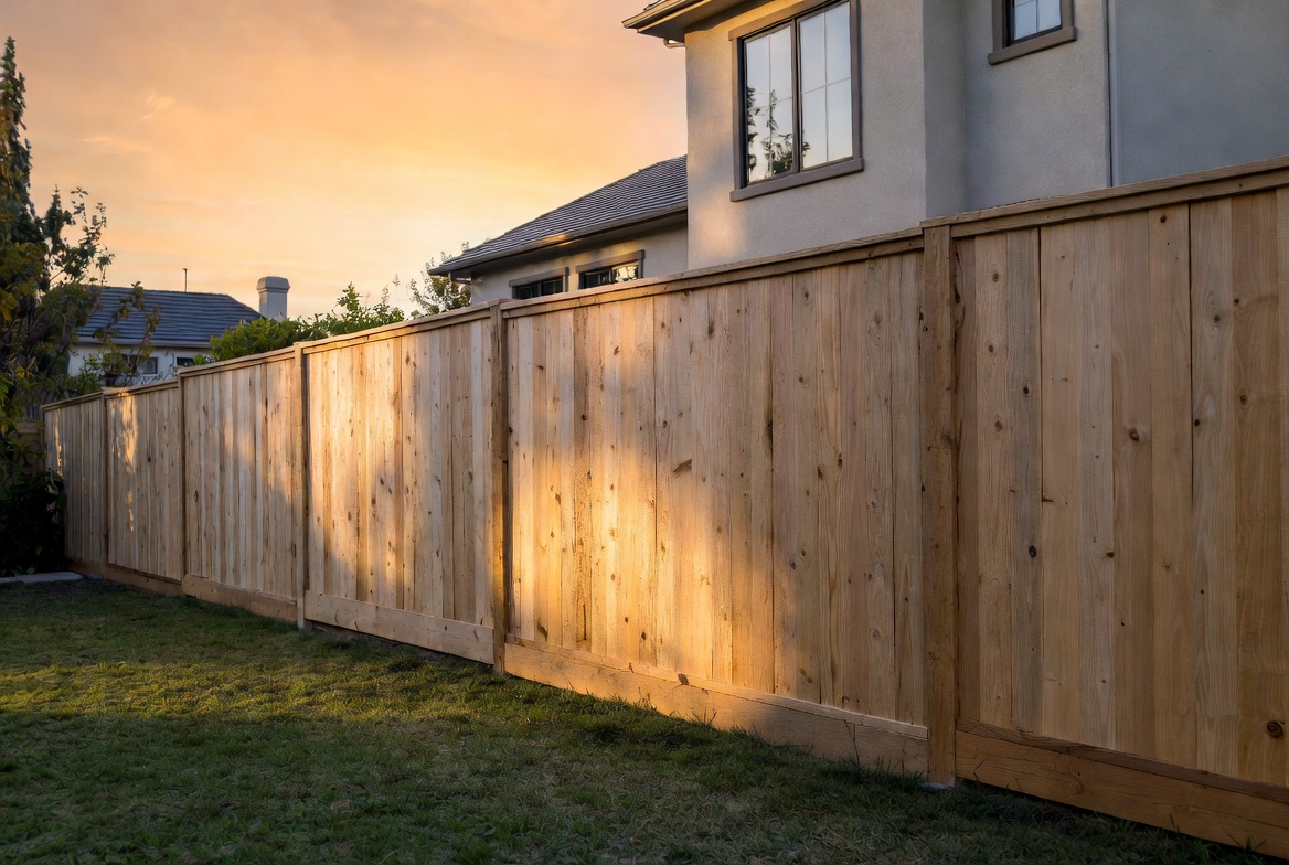 After — same yard with a finished 6 ft cedar privacy fence at golden hour