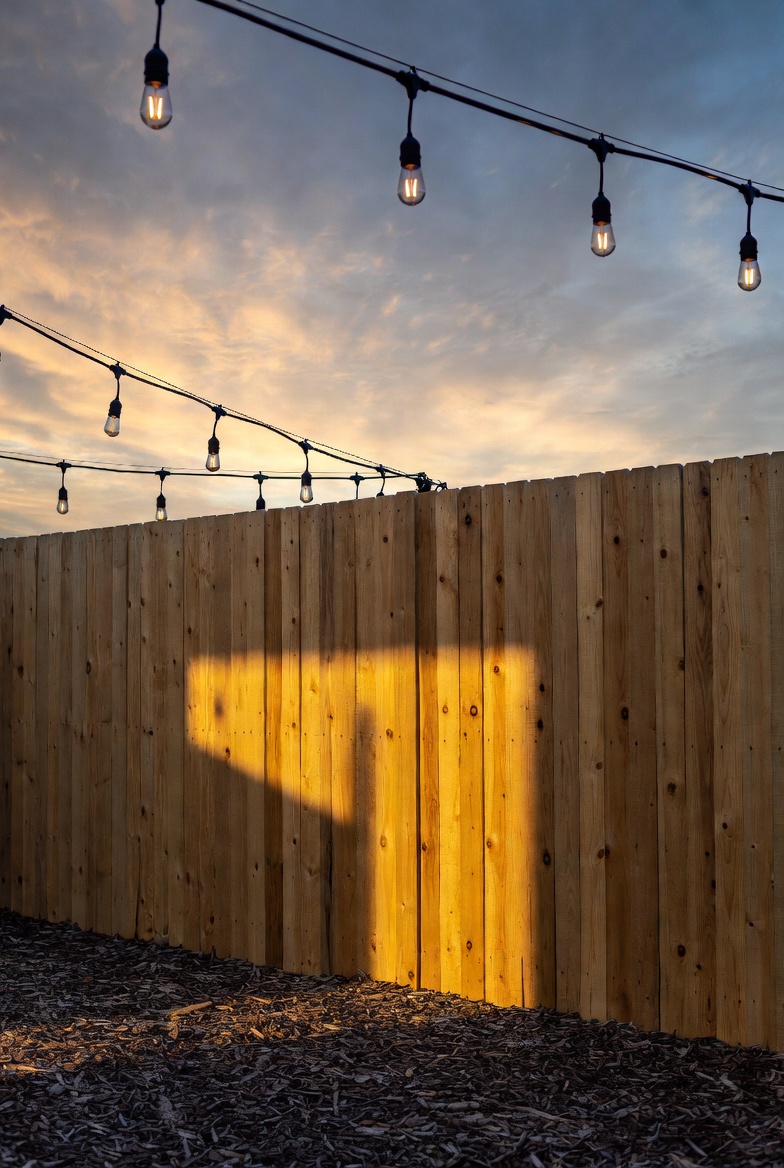 Cedar privacy fence at twilight with two strands of warm Edison string lights overhead, Riverside
