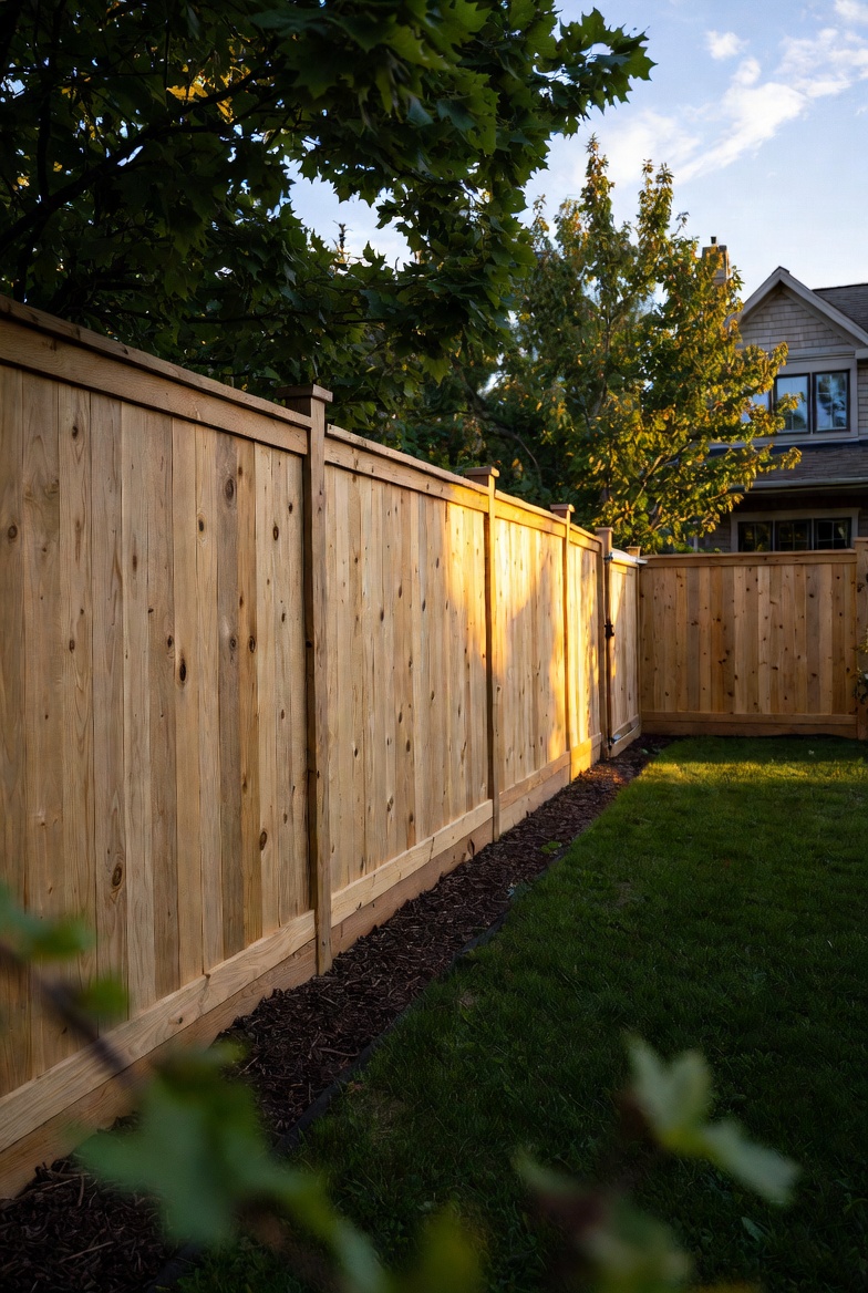 After — same yard with tall vertical cedar privacy fence and cap rail