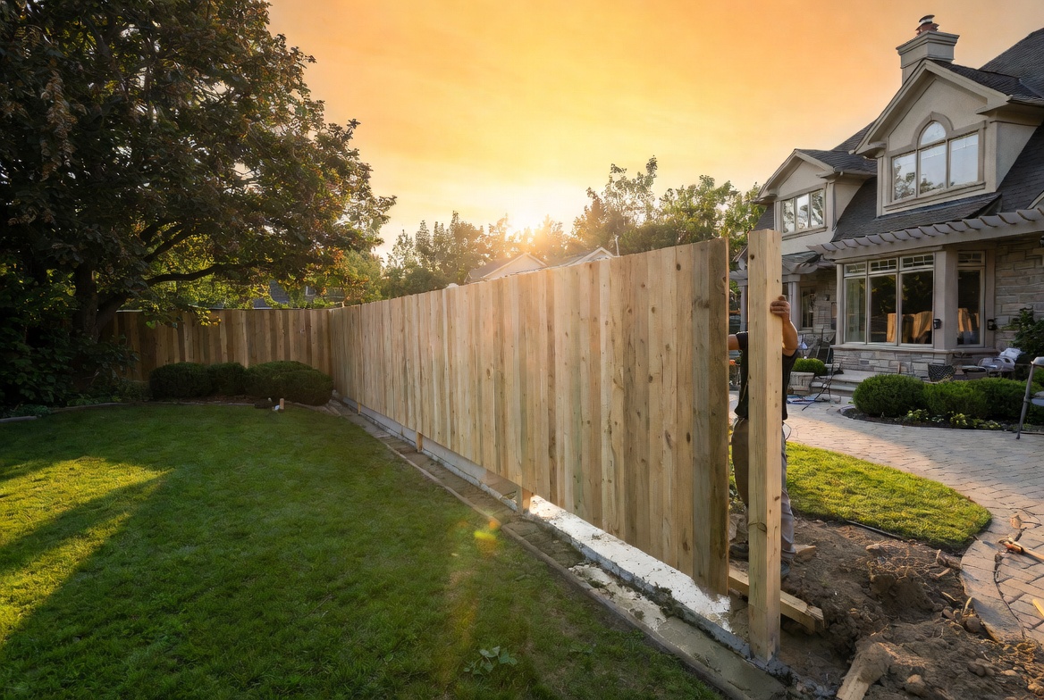 Cedar privacy fence going up at golden hour with one final post being plumbed by an installer