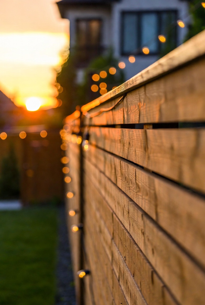 Horizontal slat cedar fence at sunset with warm string lights and soft bokeh, LaSalle install