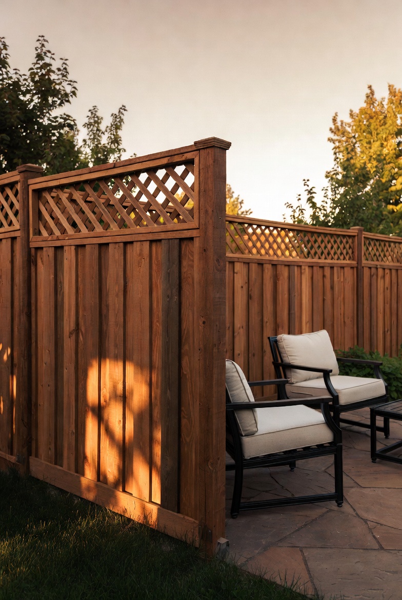 After — same yard with cedar lattice-top fence and flagstone patio