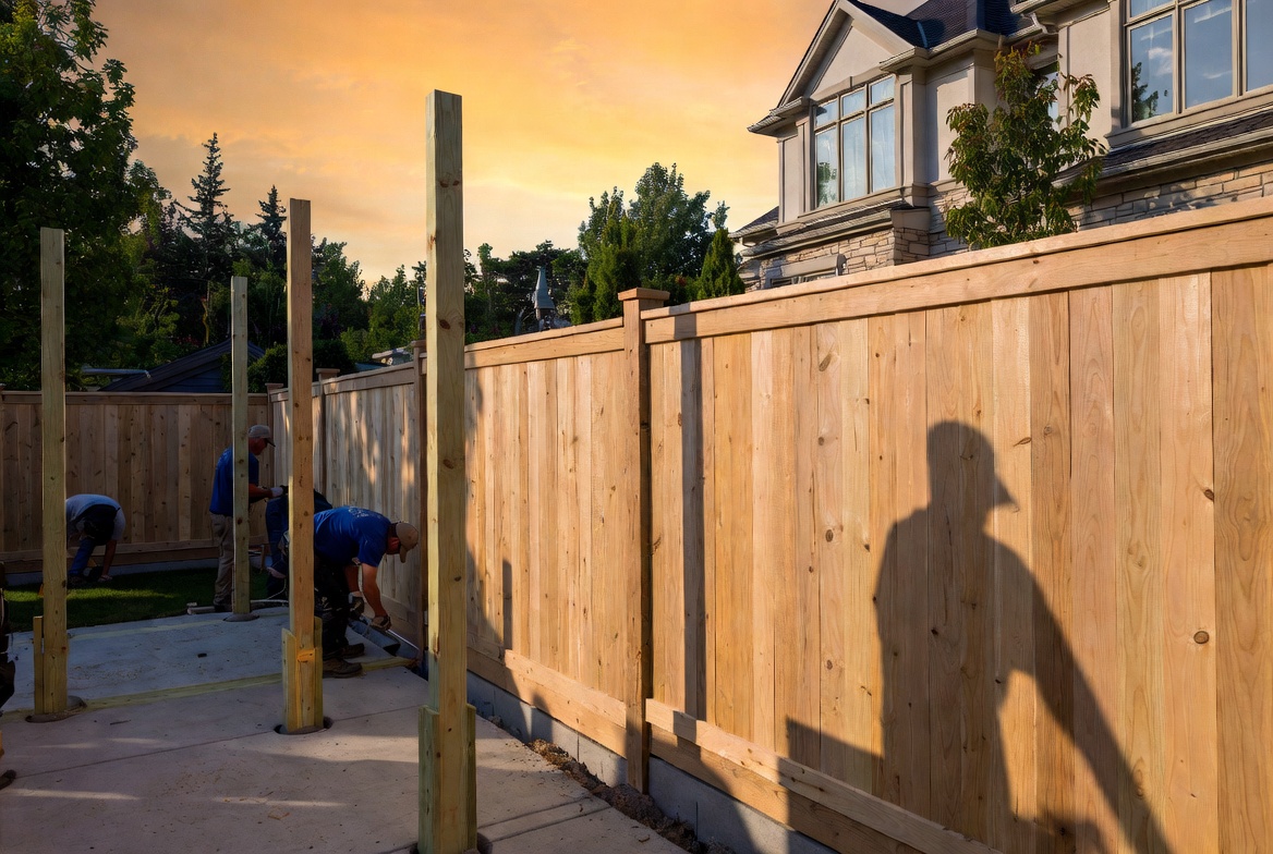 Bilal crew on-site installing a cedar privacy fence with posts in concrete footings at golden hour