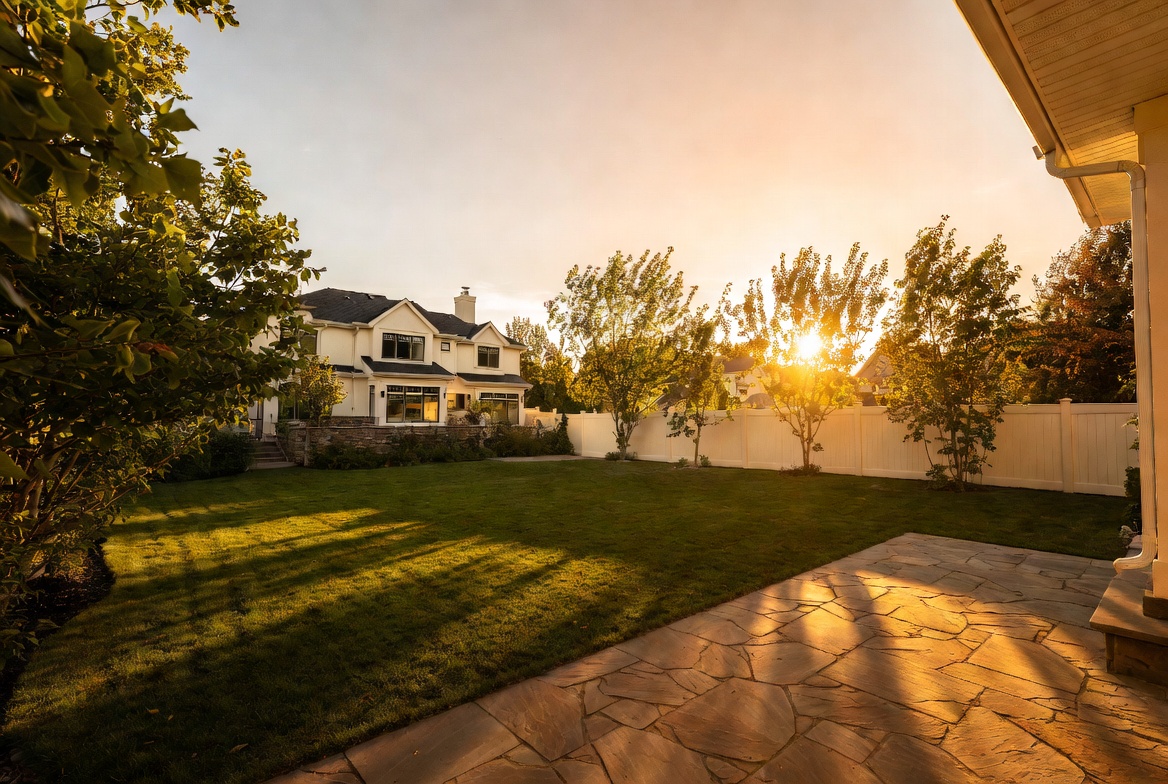 Backyard with finished privacy fence at sunset, mature trees, flagstone patio, Essex install